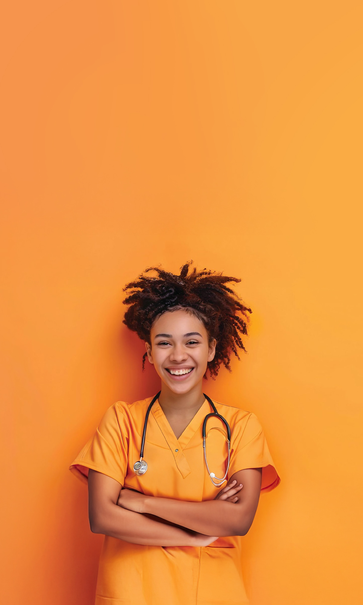 Female doctor standing in front of The People Project Tasmania Scoparia-branded backdrop, representing primary health services