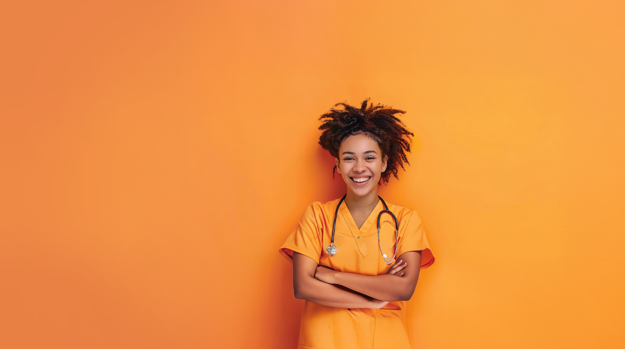 Female doctor standing in front of The People Project Tasmania Scoparia-branded backdrop, representing primary health services