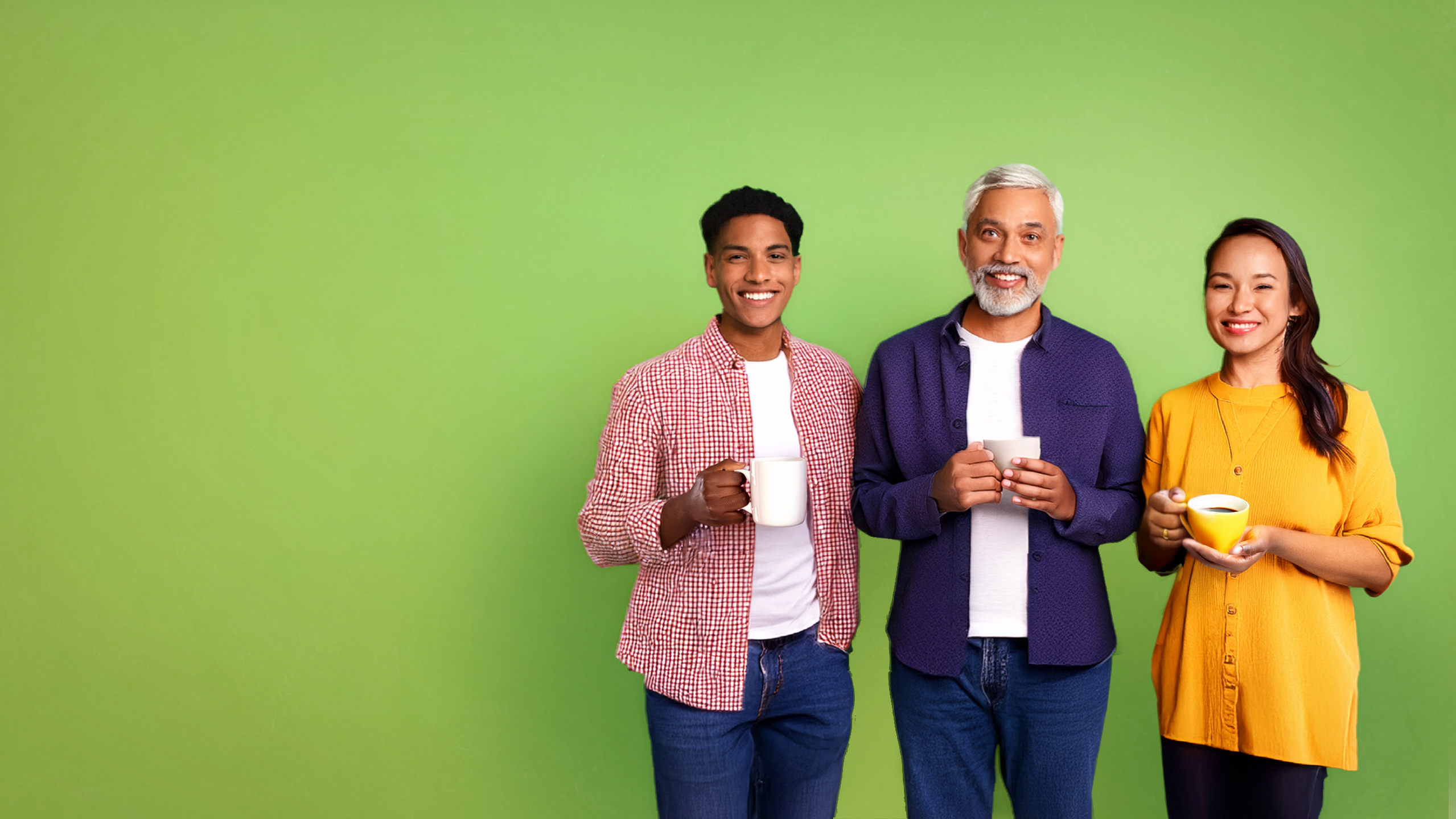 Three members of the community having coffee together, representing connection and community innovation