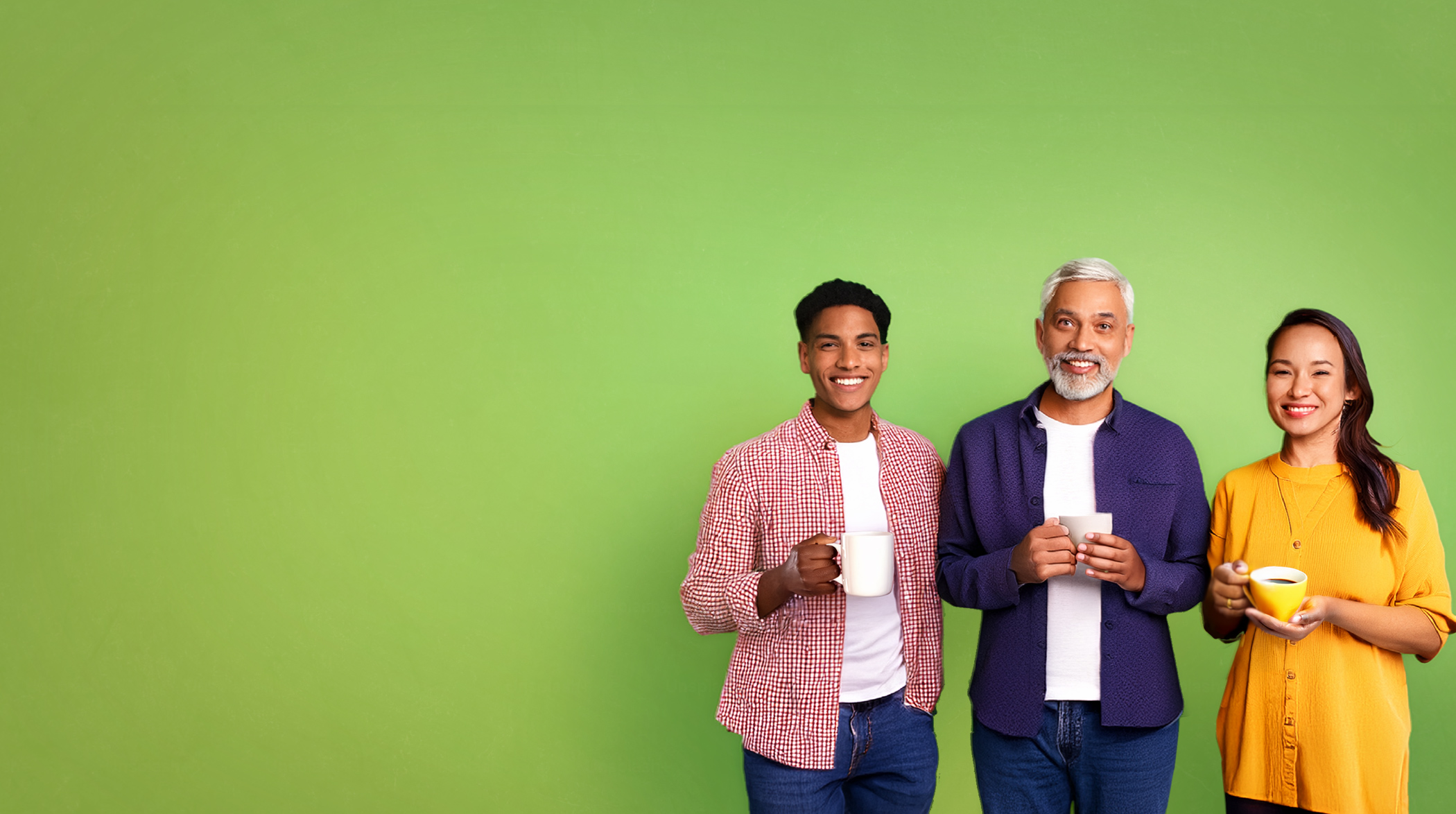 Three members of the community having coffee together, representing connection and community innovation