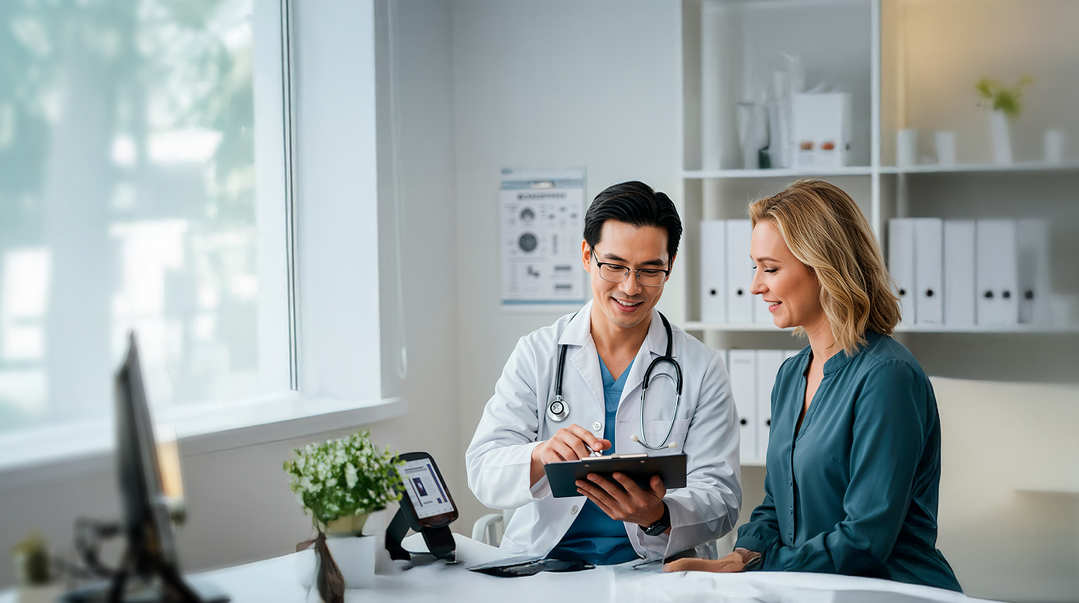 Doctor viewing a scholarship program on a tablet, supported by The People Project Tasmania to access training, professional development, and funding opportunities